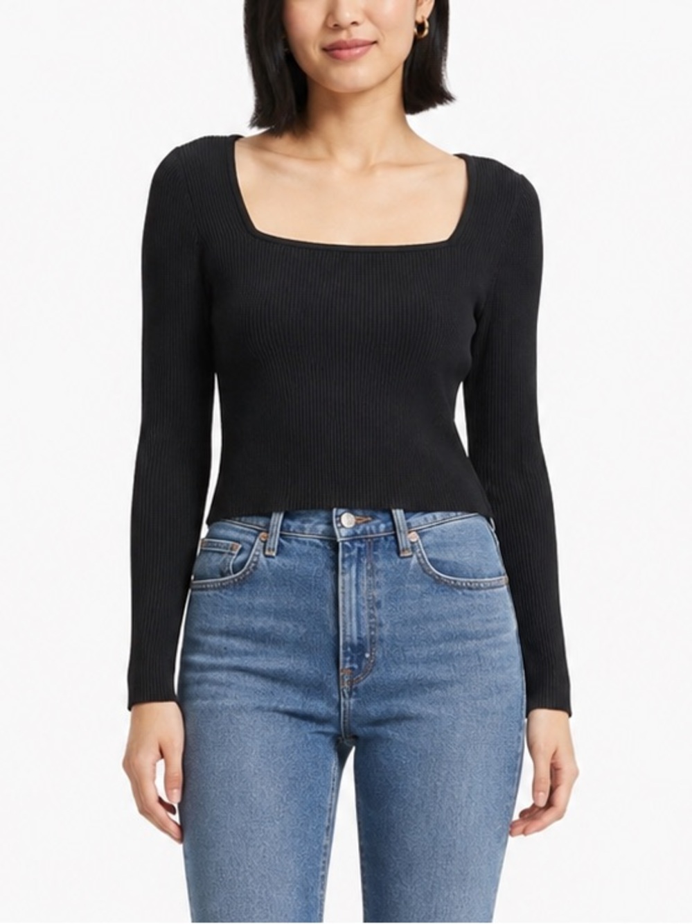 And Now This Black Ribbed Knit Square Neck Long Sleeve Fitted Top Casual Fall M